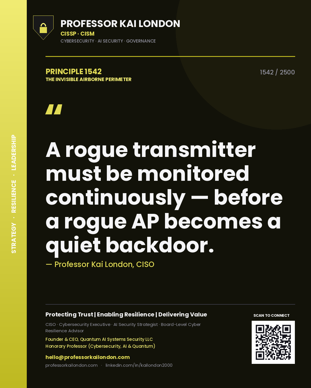 Quote card by Professor Kai London reading 'A rogue transmitter must be monitored continuously — before a rogue AP becomes a quiet backdoor.'. From the book The Invisible Airborne Perimeter.