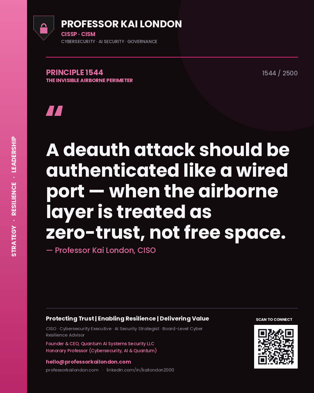 Professor Kai London principle 1544: A deauth attack should be authenticated like a wired port — when the airborne layer is treated as zero-trust, not free space.