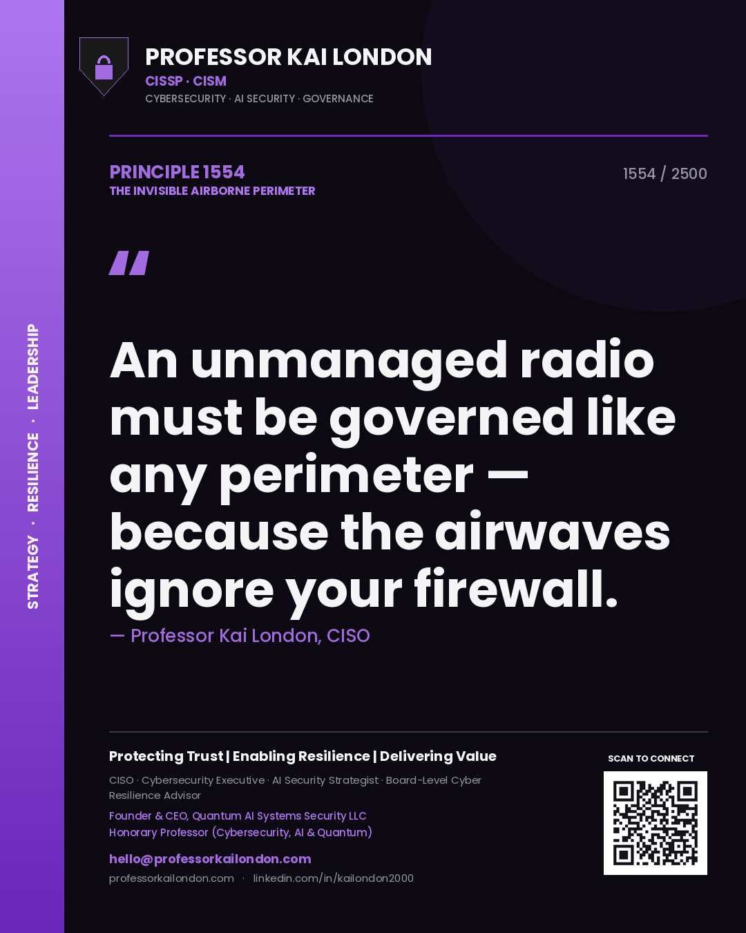 Quote card by Professor Kai London reading 'An unmanaged radio must be governed like any perimeter — because the airwaves ignore your firewall.'. From the book The Invisible Airborne Perimeter.