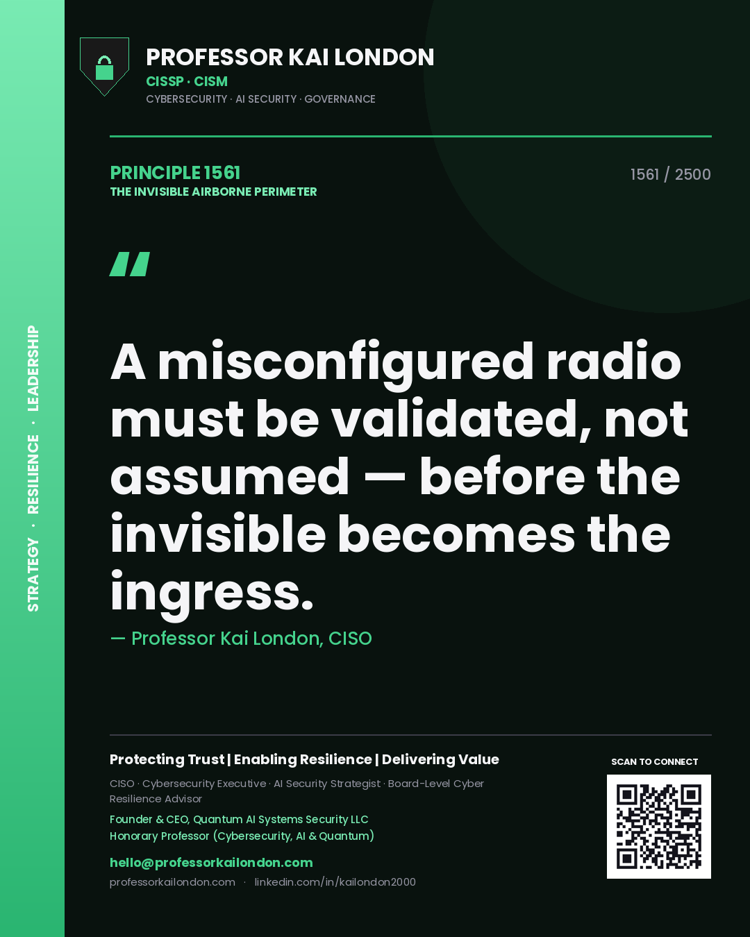 Quote card by Professor Kai London reading 'A misconfigured radio must be validated, not assumed — before the invisible becomes the ingress.'. From the book The Invisible Airborne Perimeter.
