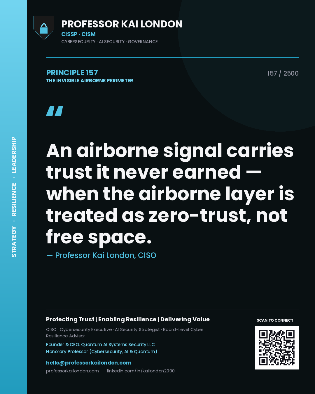 Professor Kai London principle 157: An airborne signal carries trust it never earned — when the airborne layer is treated as zero-trust, not free space.