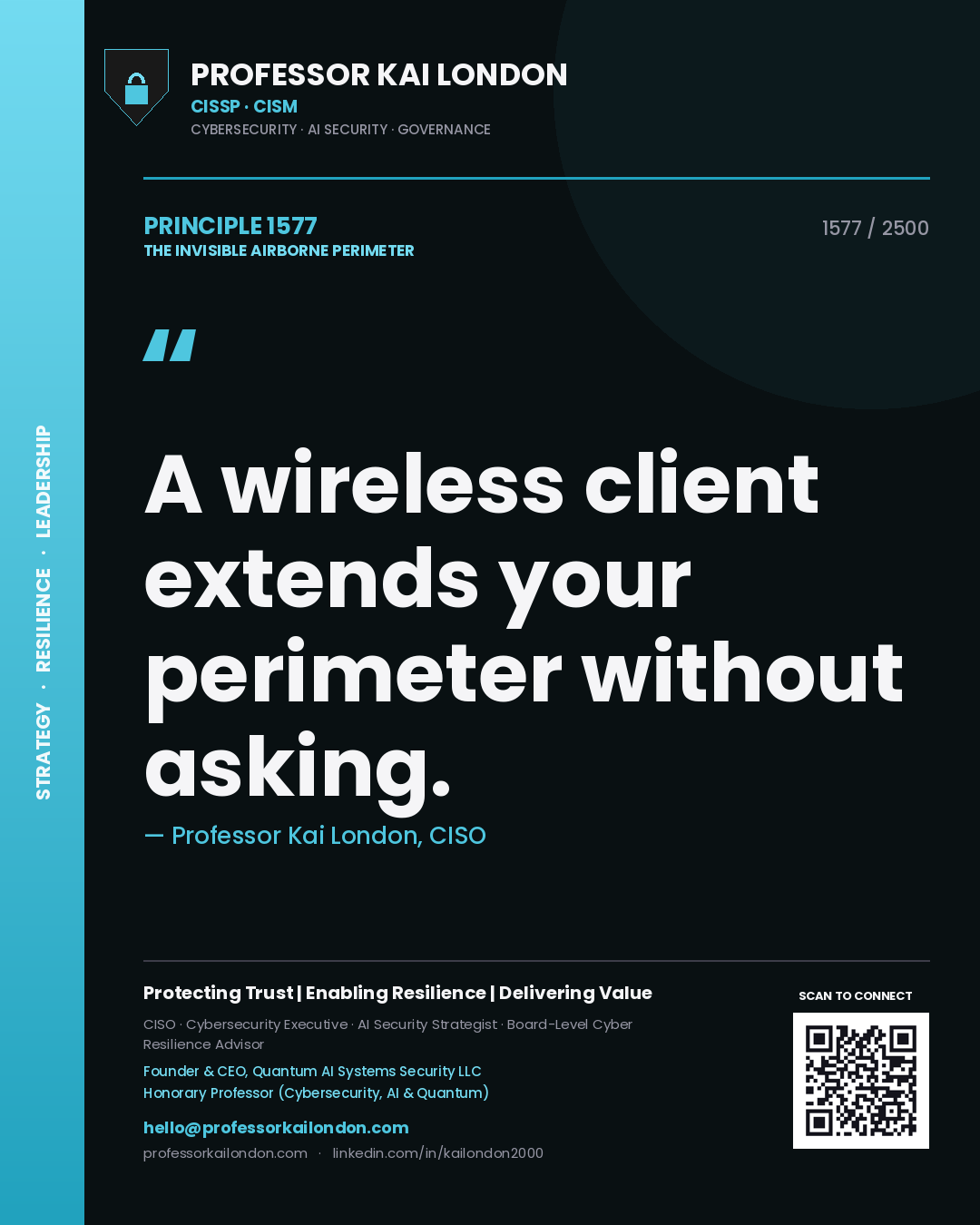 Quote card by Professor Kai London reading 'A wireless client extends your perimeter without asking.'. From the book The Invisible Airborne Perimeter.