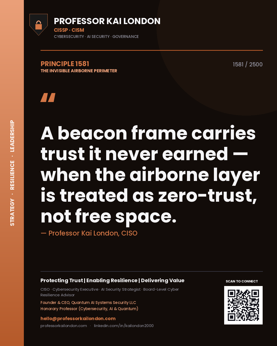 Professor Kai London principle 1581: A beacon frame carries trust it never earned — when the airborne layer is treated as zero-trust, not free space.
