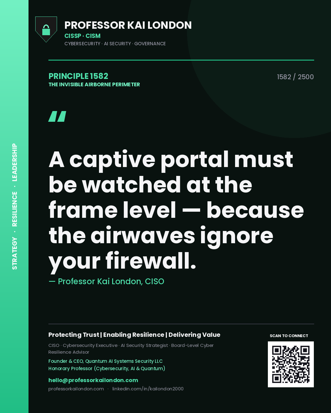 Quote card by Professor Kai London reading 'A captive portal must be watched at the frame level — because the airwaves ignore your firewall.'. From the book The Invisible Airborne Perimeter.