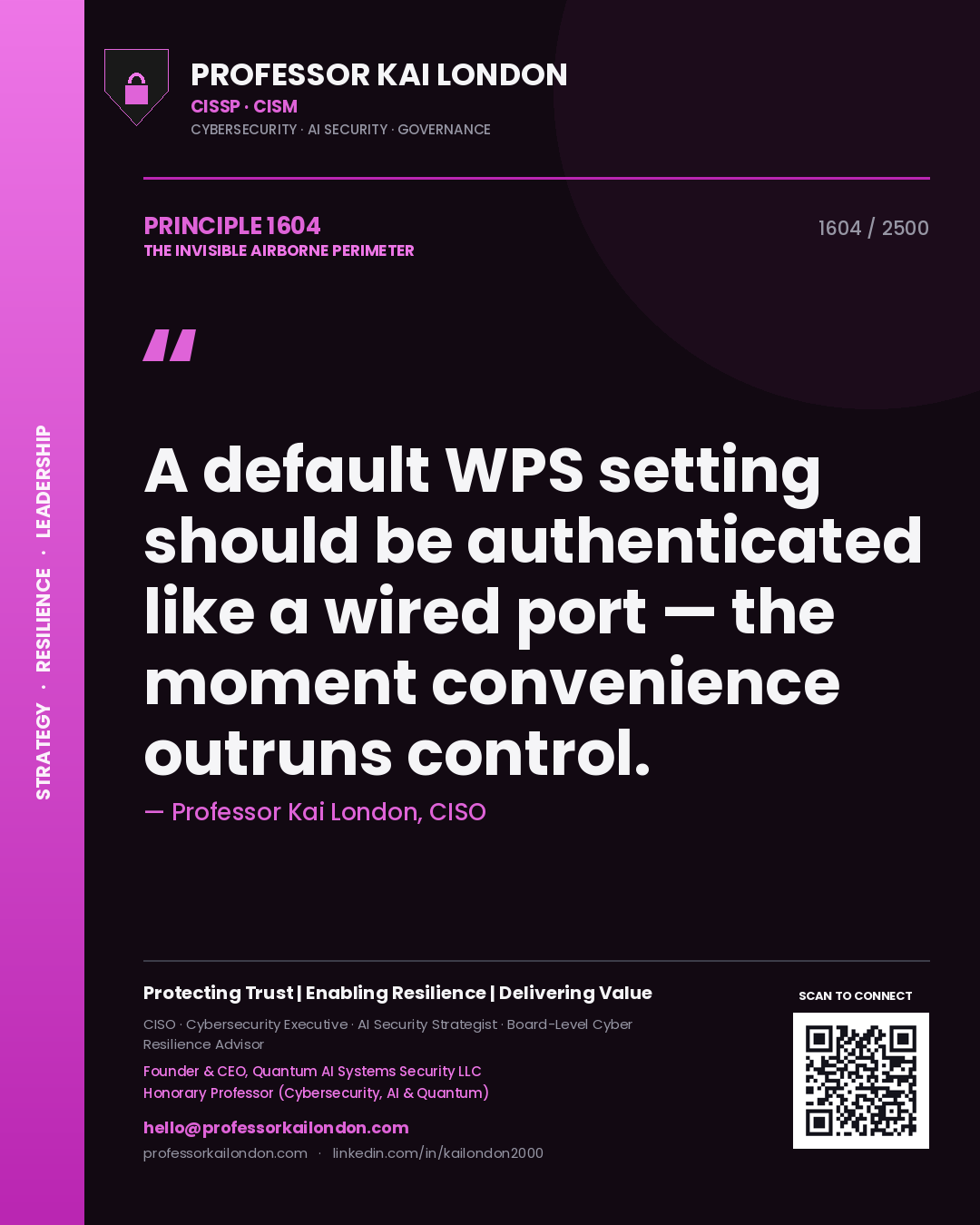 Quote card by Professor Kai London reading 'A default WPS setting should be authenticated like a wired port — the moment convenience outruns control.'. From the book The Invisible Airborne Perimeter.