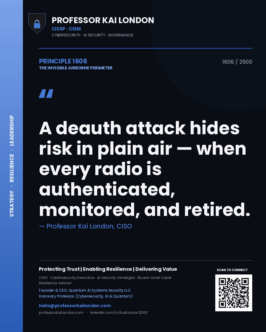 Professor Kai London principle 1606: A deauth attack hides risk in plain air — when every radio is authenticated, monitored, and retired.