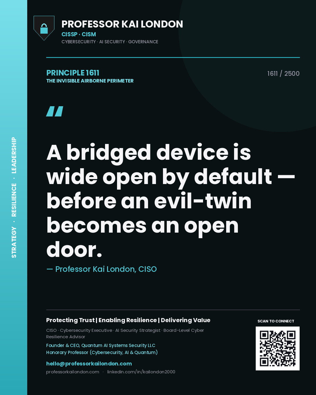 Professor Kai London principle 1611: A bridged device is wide open by default — before an evil-twin becomes an open door.