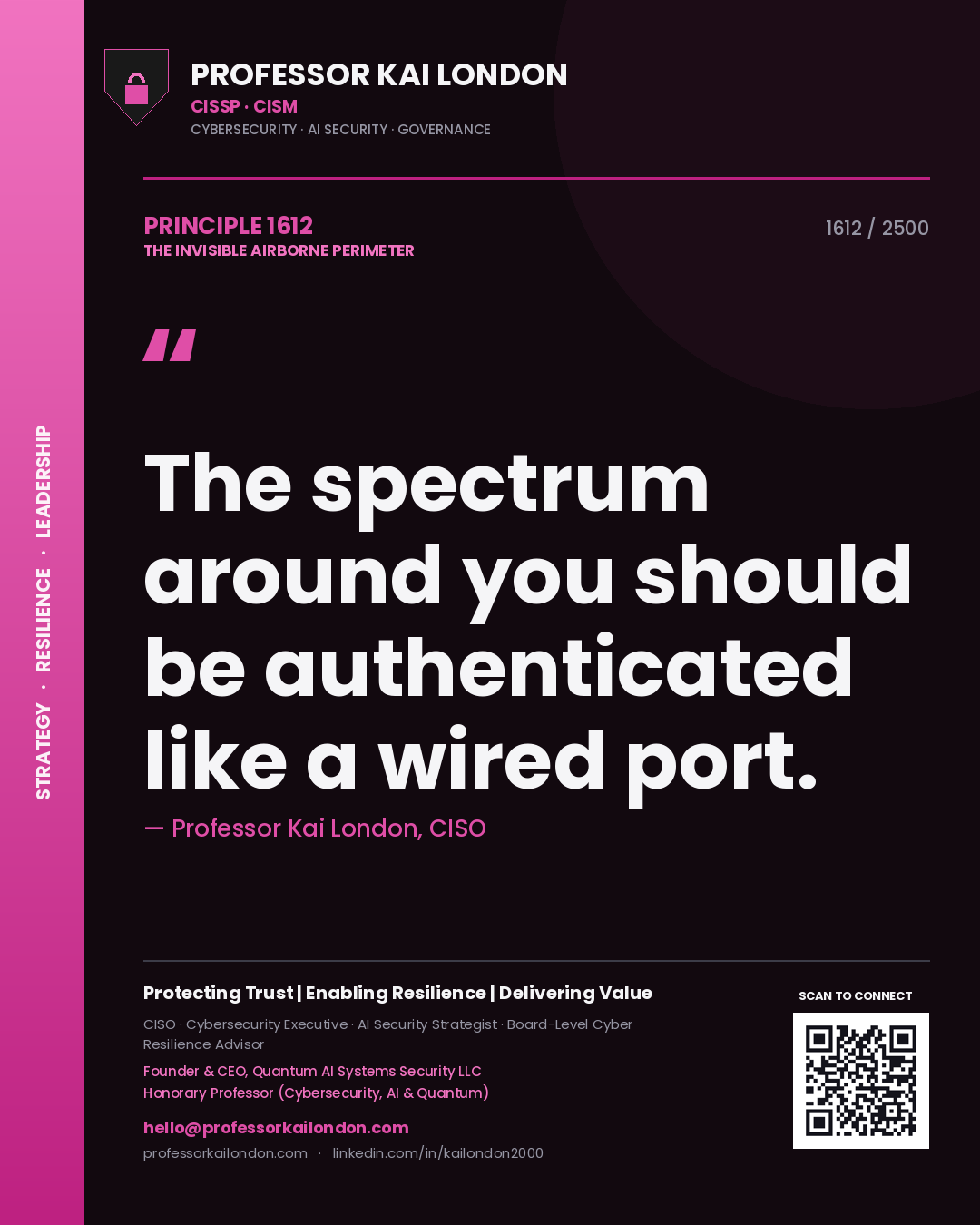 Quote card by Professor Kai London reading 'The spectrum around you should be authenticated like a wired port.'. From the book The Invisible Airborne Perimeter.