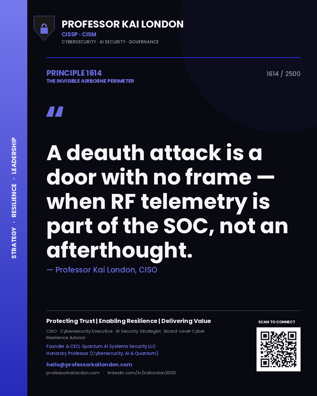 Professor Kai London principle 1614: A deauth attack is a door with no frame — when RF telemetry is part of the SOC, not an afterthought.