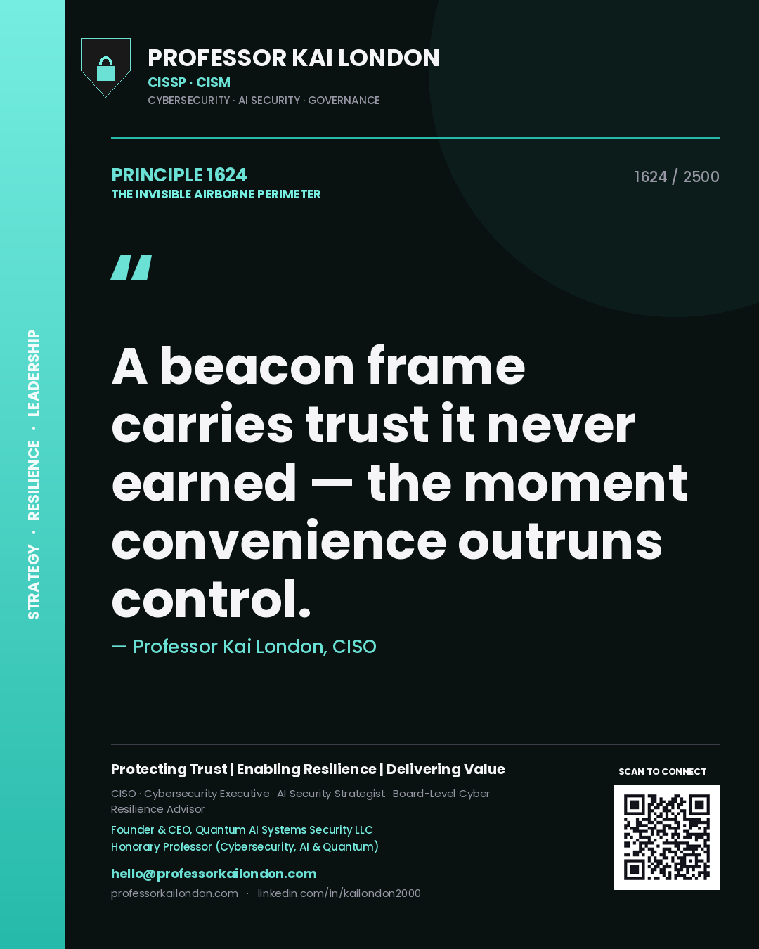 Professor Kai London principle 1624: A beacon frame carries trust it never earned — the moment convenience outruns control.