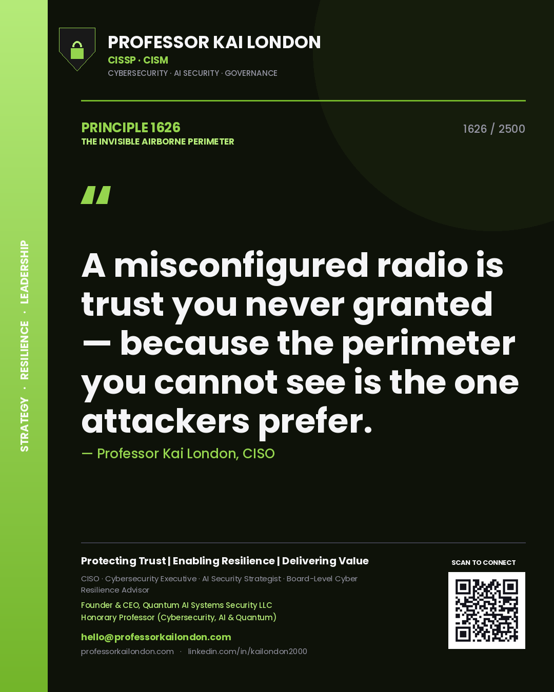Quote card by Professor Kai London reading 'A misconfigured radio is trust you never granted — because the perimeter you cannot see is the one attackers prefer.'. From the book The Invisible Airborne Perimeter.