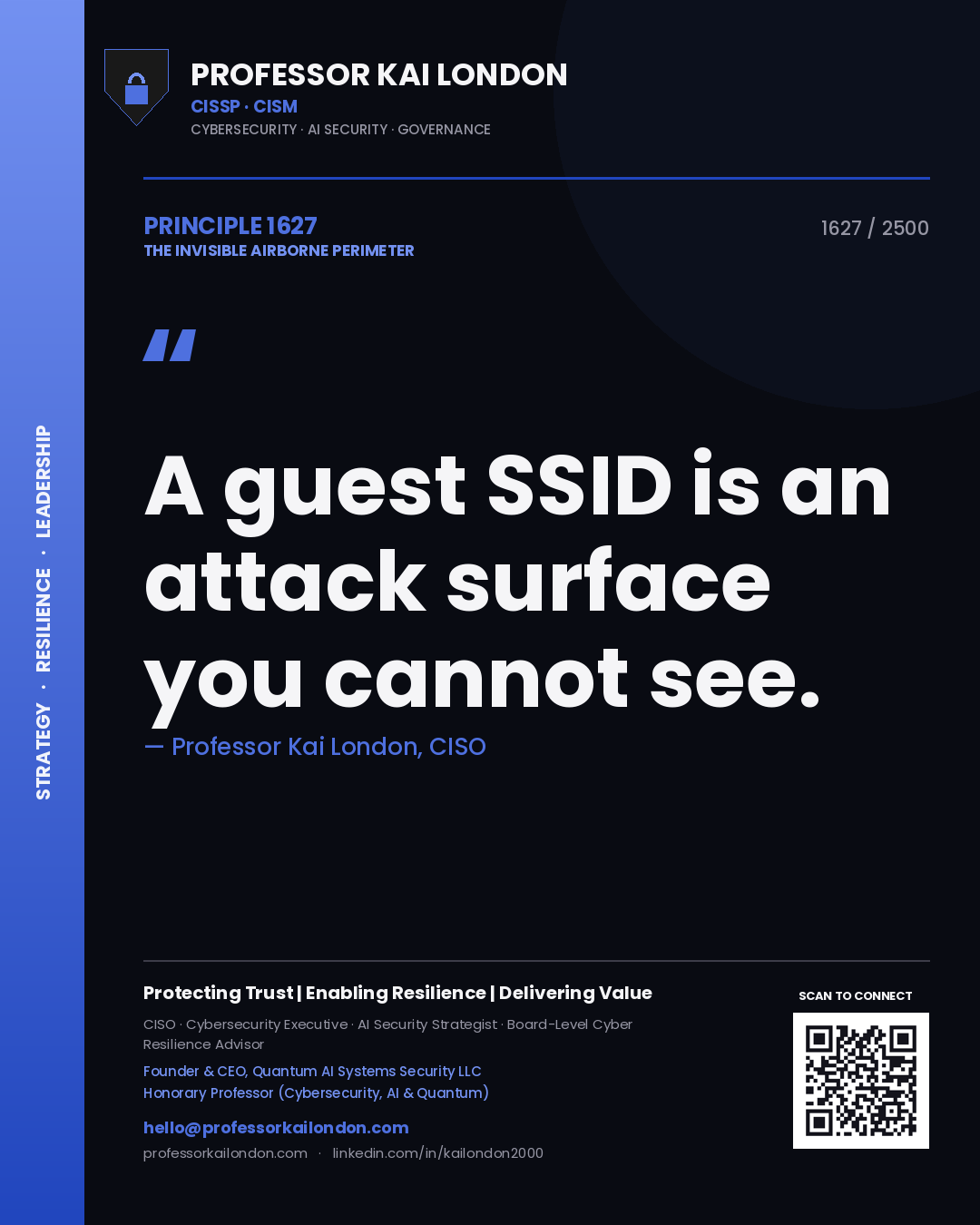 Quote card by Professor Kai London reading 'A guest SSID is an attack surface you cannot see.'. From the book The Invisible Airborne Perimeter.