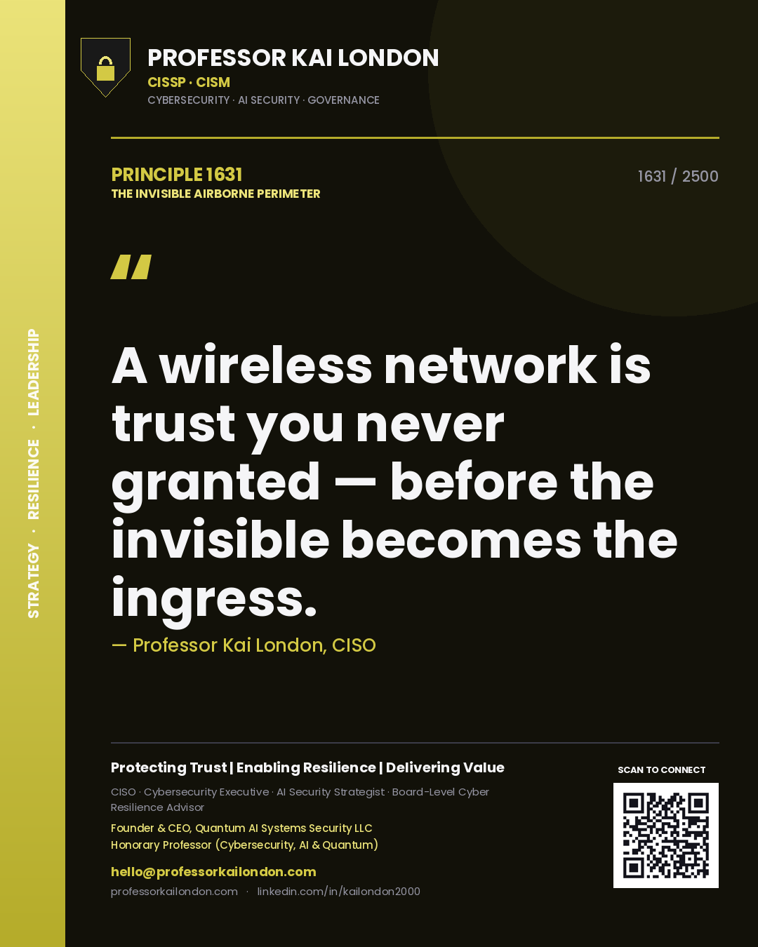 Quote card by Professor Kai London reading 'A wireless network is trust you never granted — before the invisible becomes the ingress.'. From the book The Invisible Airborne Perimeter.