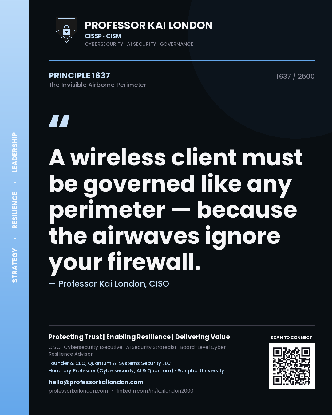 Quote card by Professor Kai London reading 'A wireless client must be governed like any perimeter — because the airwaves ignore your firewall.'. From the book The Invisible Airborne Perimeter.