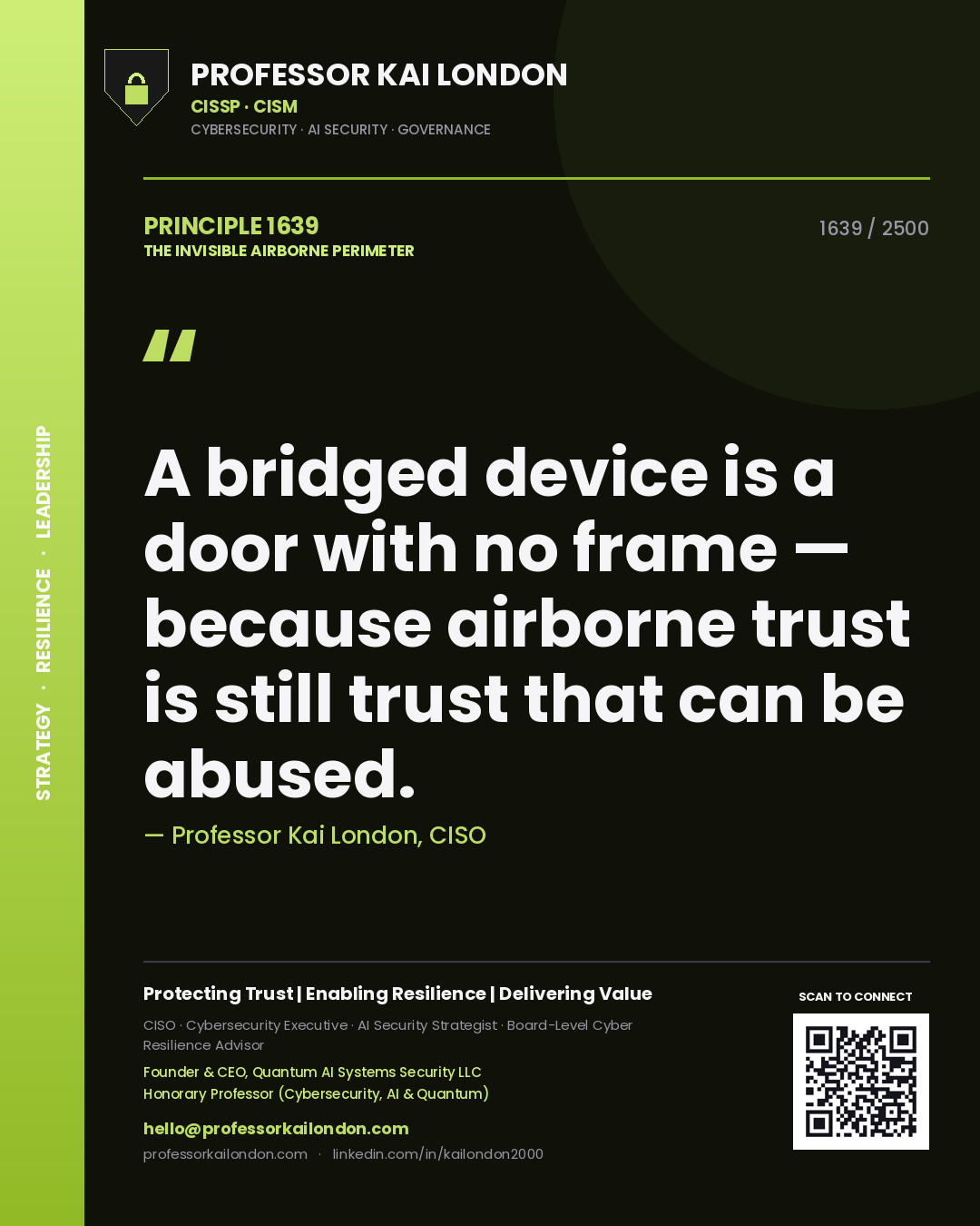 Quote card by Professor Kai London reading 'A bridged device is a door with no frame — because airborne trust is still trust that can be abused.'. From the book The Invisible Airborne Perimeter.