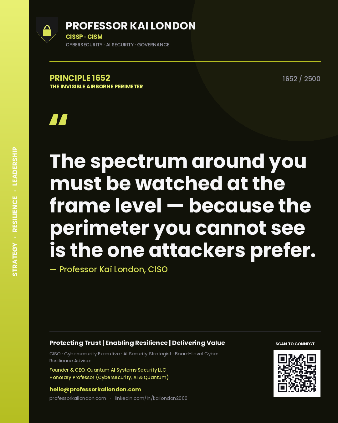 Quote card by Professor Kai London reading 'The spectrum around you must be watched at the frame level — because the perimeter you cannot see is the one attackers prefer.'. From the book The Invisible Airborne Perimeter.