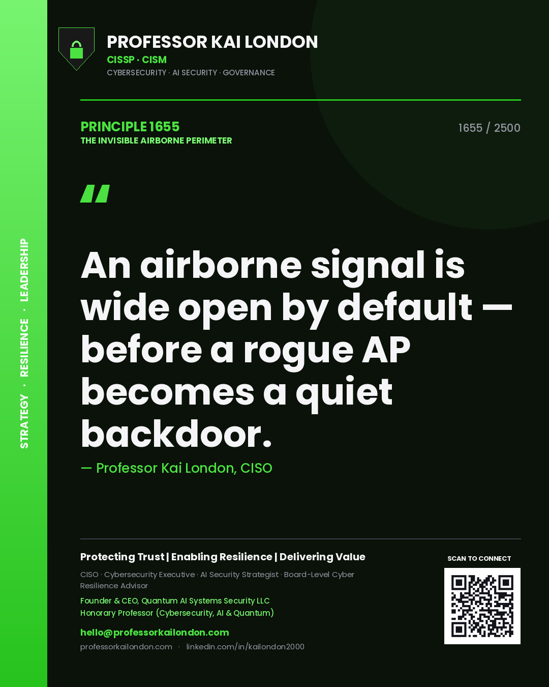 Quote card by Professor Kai London reading 'An airborne signal is wide open by default — before a rogue AP becomes a quiet backdoor.'. From the book The Invisible Airborne Perimeter.
