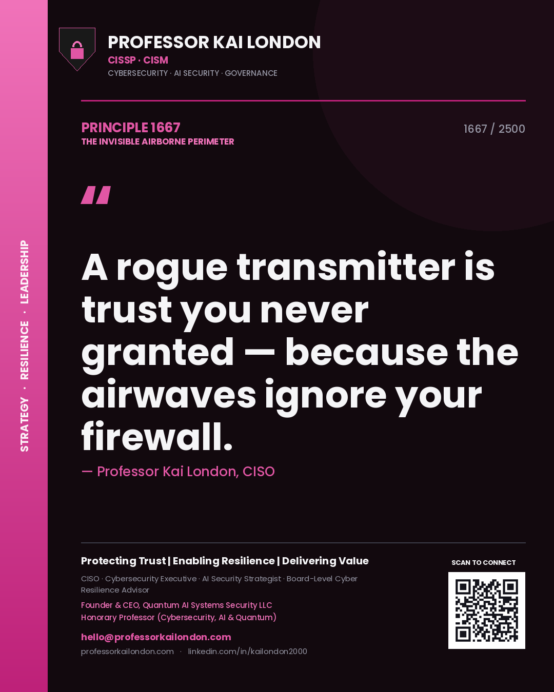 Professor Kai London principle 1667: A rogue transmitter is trust you never granted — because the airwaves ignore your firewall.