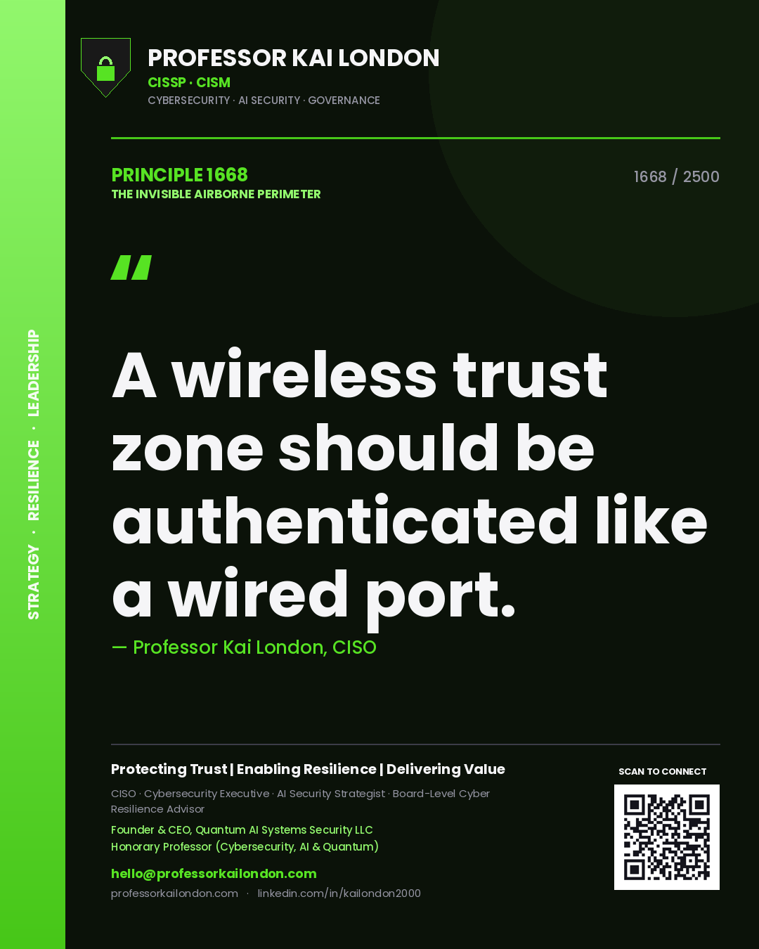 Quote card by Professor Kai London reading 'A wireless trust zone should be authenticated like a wired port.'. From the book The Invisible Airborne Perimeter.