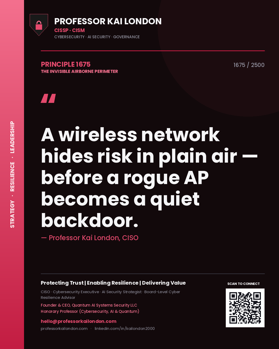 Professor Kai London principle 1675: A wireless network hides risk in plain air — before a rogue AP becomes a quiet backdoor.