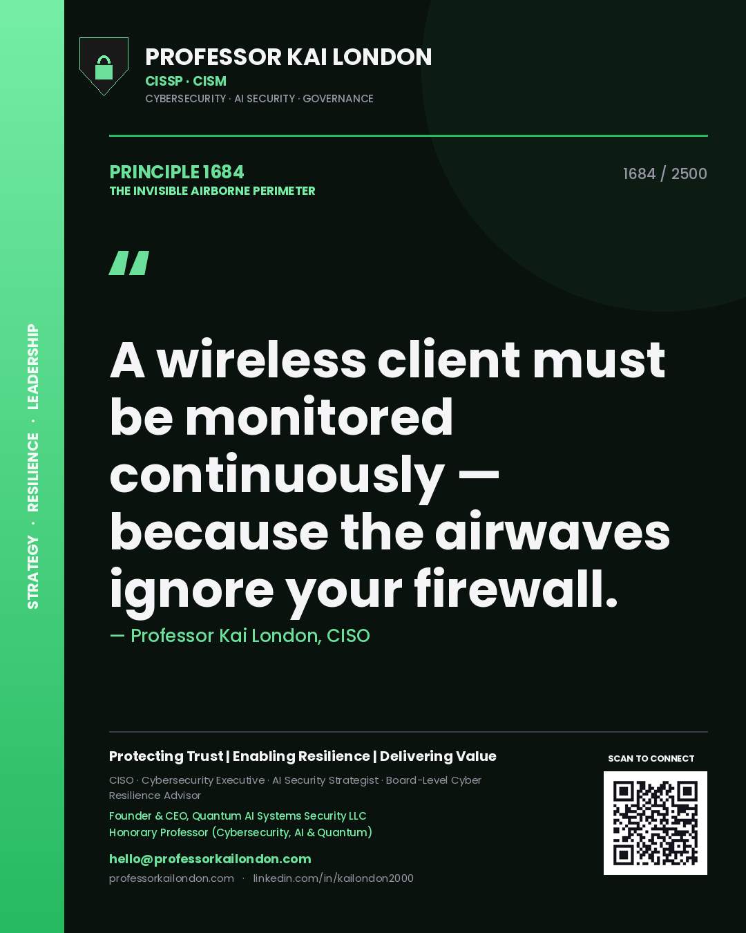 Quote card by Professor Kai London reading 'A wireless client must be monitored continuously — because the airwaves ignore your firewall.'. From the book The Invisible Airborne Perimeter.