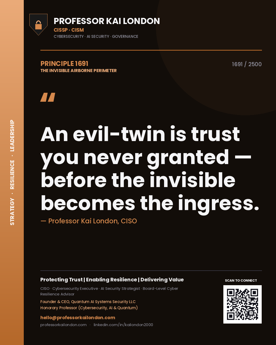 Professor Kai London principle 1691: An evil-twin is trust you never granted — before the invisible becomes the ingress.