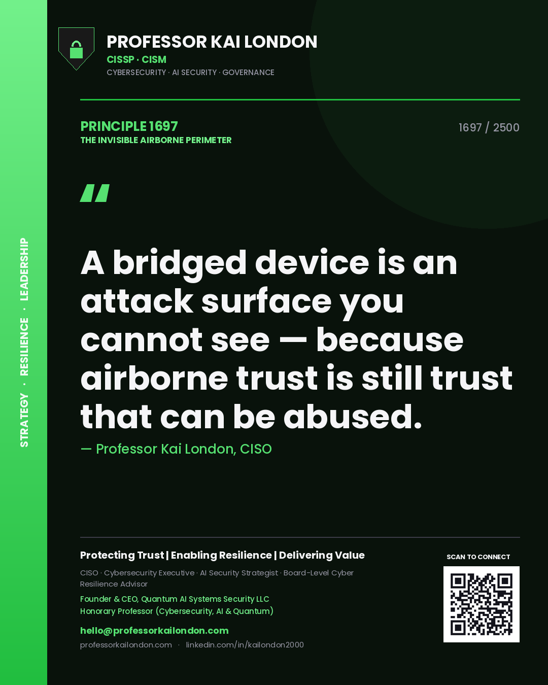 Professor Kai London principle 1697: A bridged device is an attack surface you cannot see — because airborne trust is still trust that can be abused.