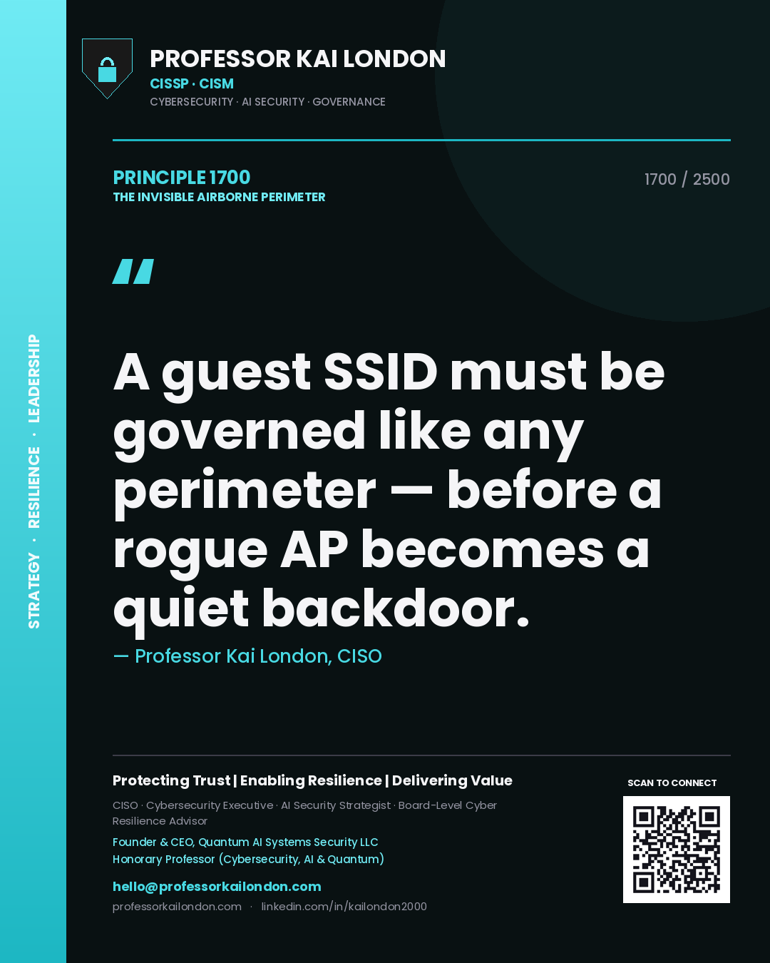 Professor Kai London principle 1700: A guest SSID must be governed like any perimeter — before a rogue AP becomes a quiet backdoor.