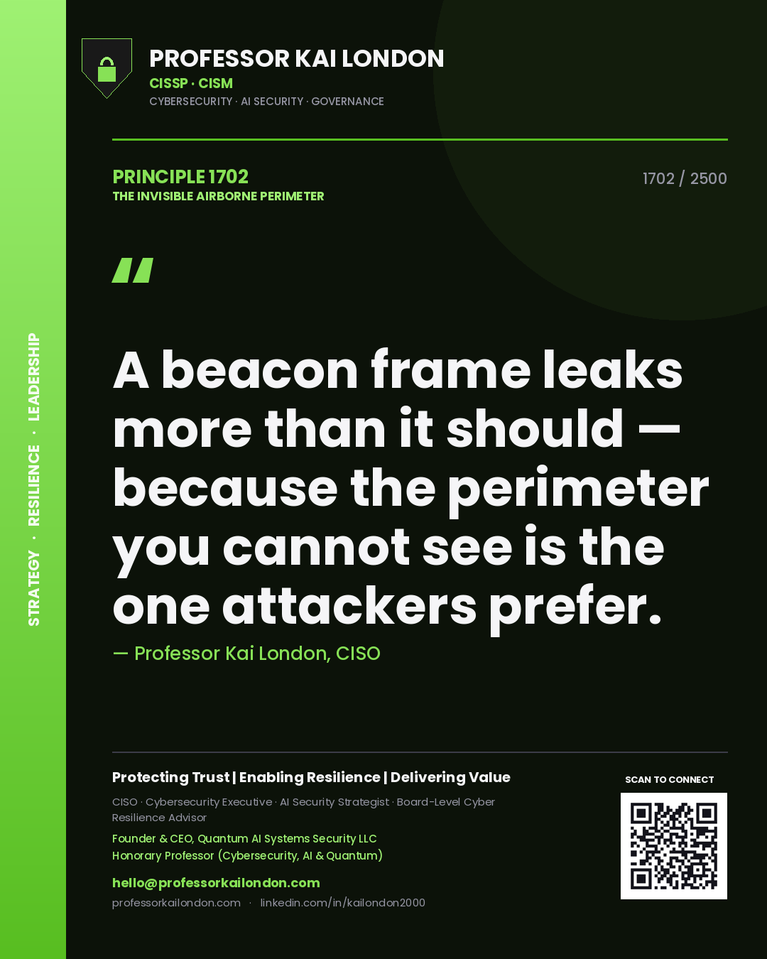 Professor Kai London principle 1702: A beacon frame leaks more than it should — because the perimeter you cannot see is the one attackers prefer.