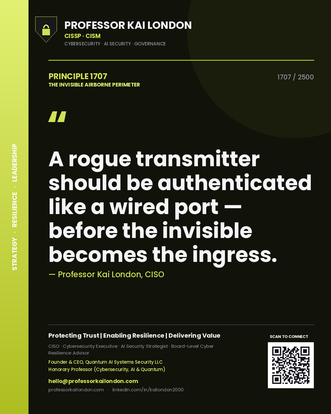 Professor Kai London principle 1707: A rogue transmitter should be authenticated like a wired port — before the invisible becomes the ingress.