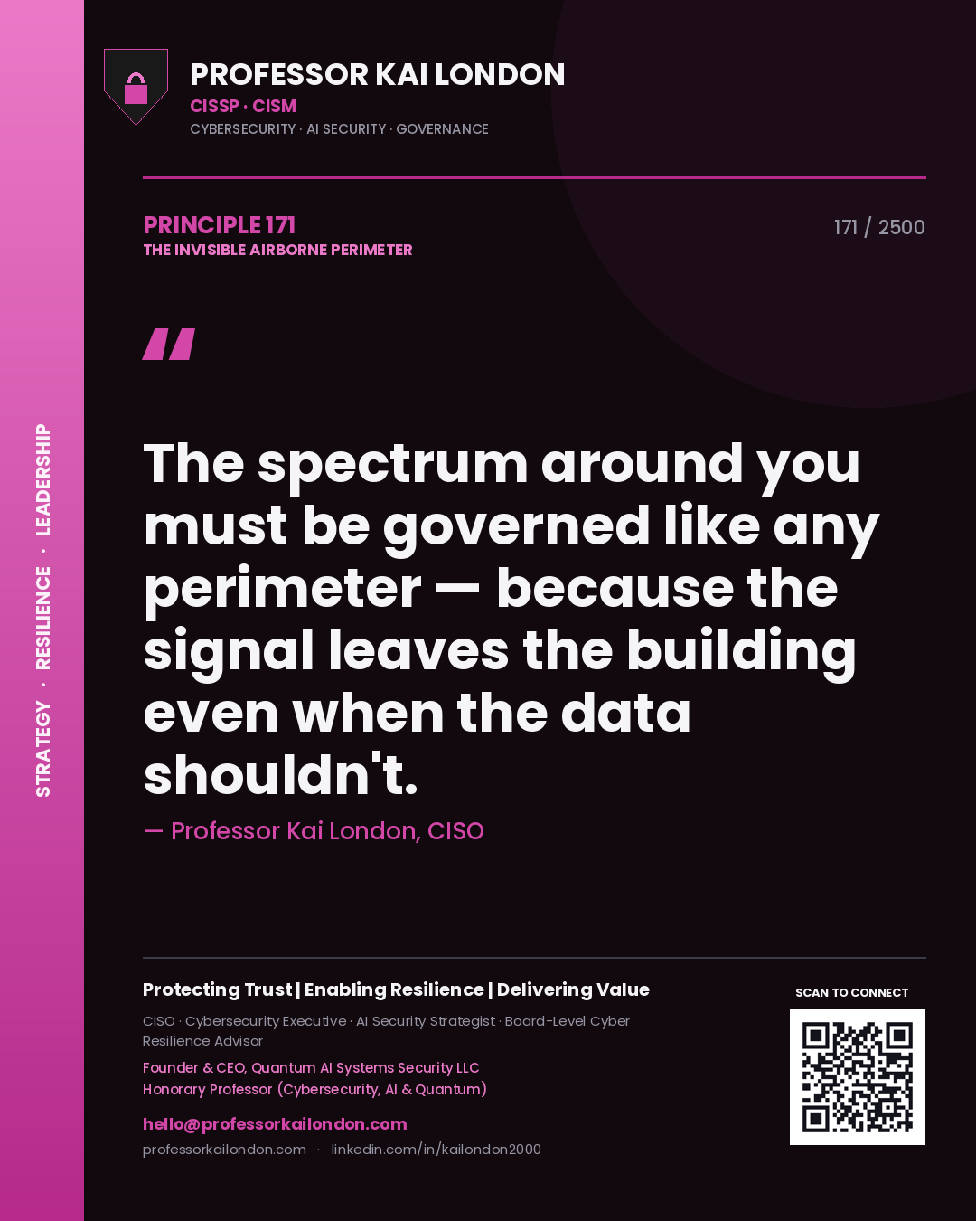 Professor Kai London principle 171: The spectrum around you must be governed like any perimeter — because the signal leaves the building even when the data shouldn't.