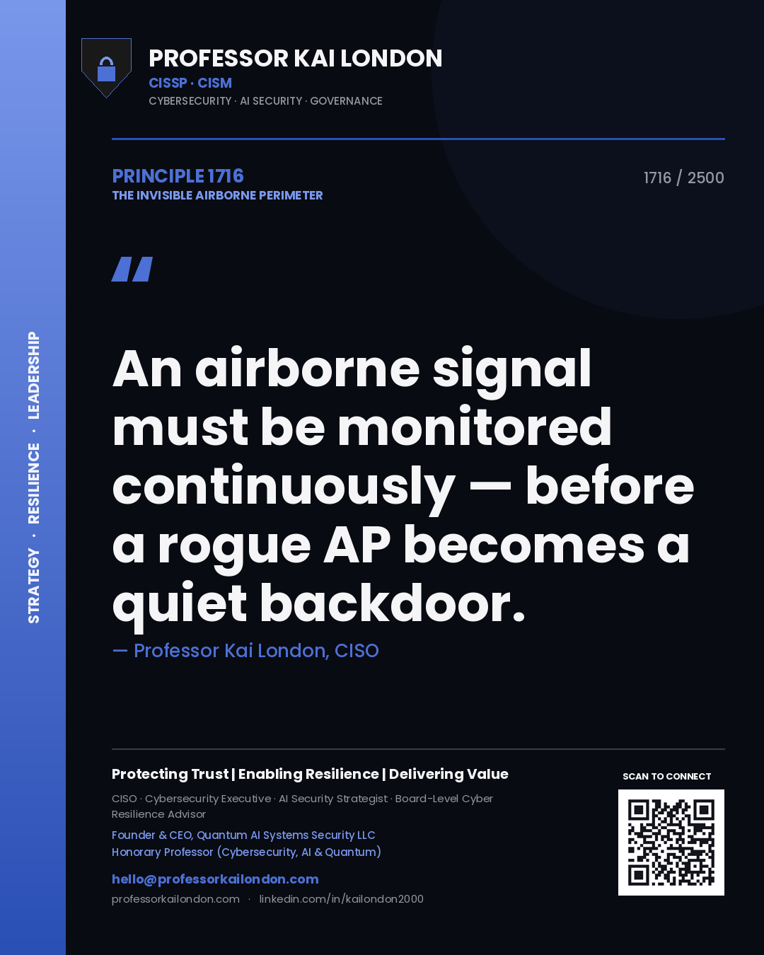 Quote card by Professor Kai London reading 'An airborne signal must be monitored continuously — before a rogue AP becomes a quiet backdoor.'. From the book The Invisible Airborne Perimeter.
