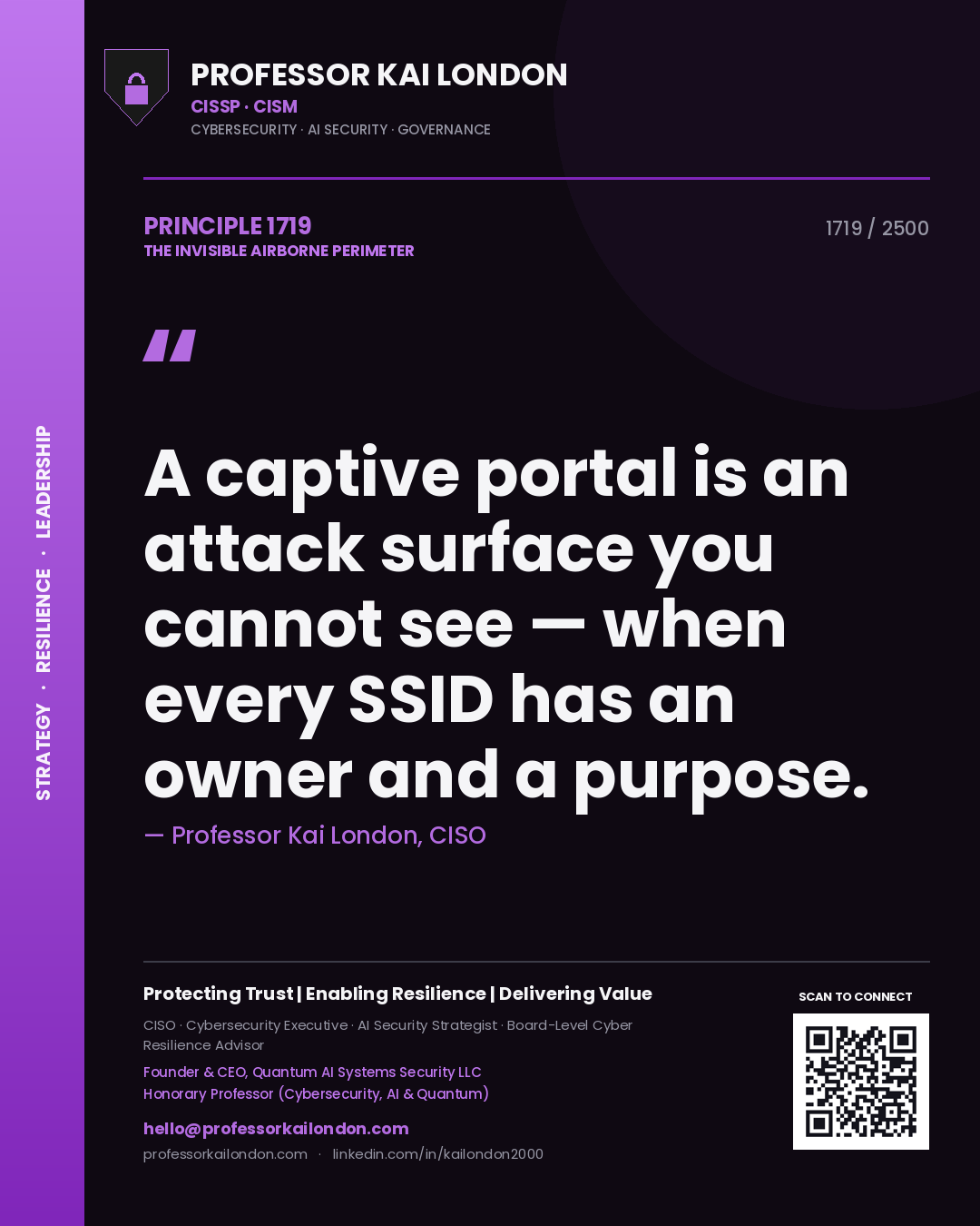Professor Kai London principle 1719: A captive portal is an attack surface you cannot see — when every SSID has an owner and a purpose.