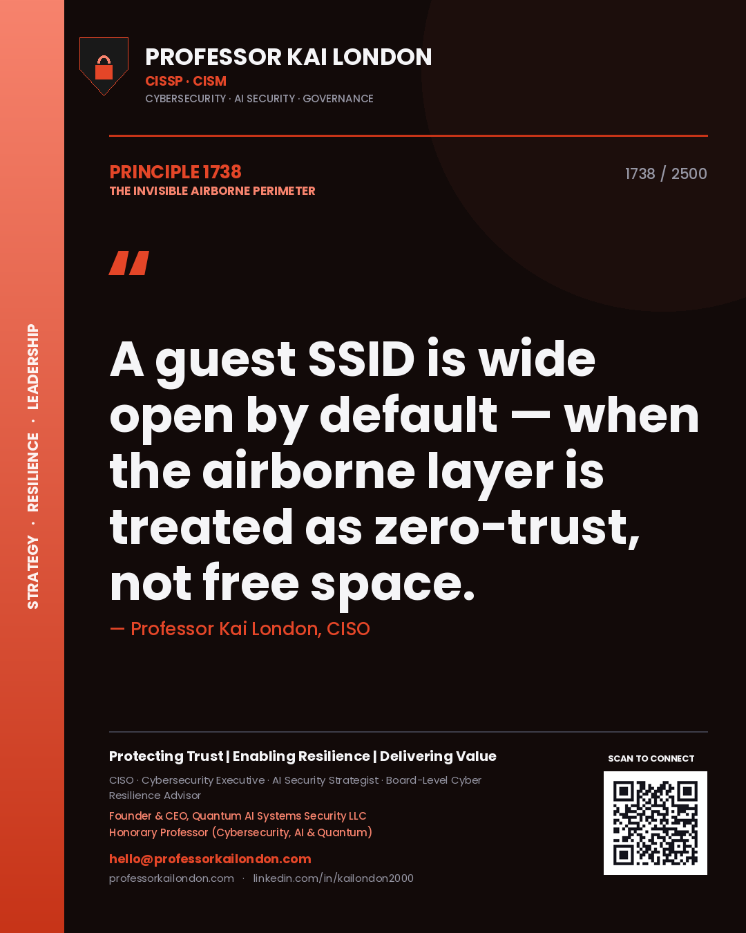 Quote card by Professor Kai London reading 'A guest SSID is wide open by default — when the airborne layer is treated as zero-trust, not free space.'. From the book The Invisible Airborne Perimeter.