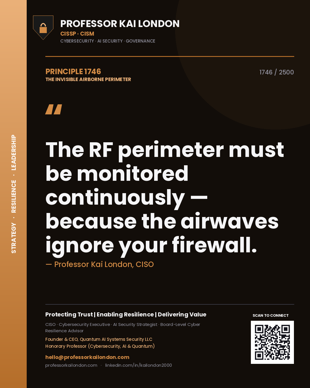 Quote card by Professor Kai London reading 'The RF perimeter must be monitored continuously — because the airwaves ignore your firewall.'. From the book The Invisible Airborne Perimeter.