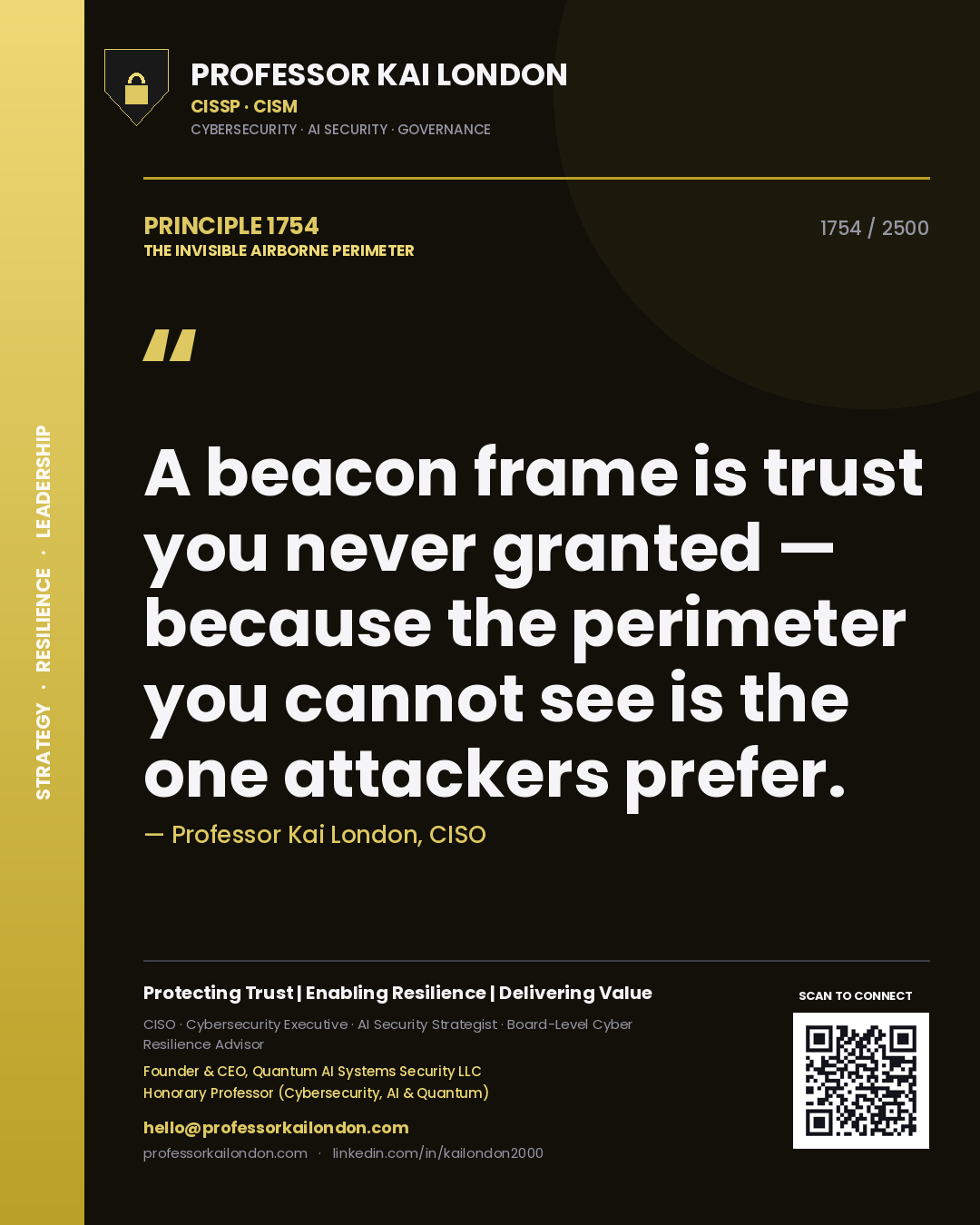 Professor Kai London principle 1754: A beacon frame is trust you never granted — because the perimeter you cannot see is the one attackers prefer.