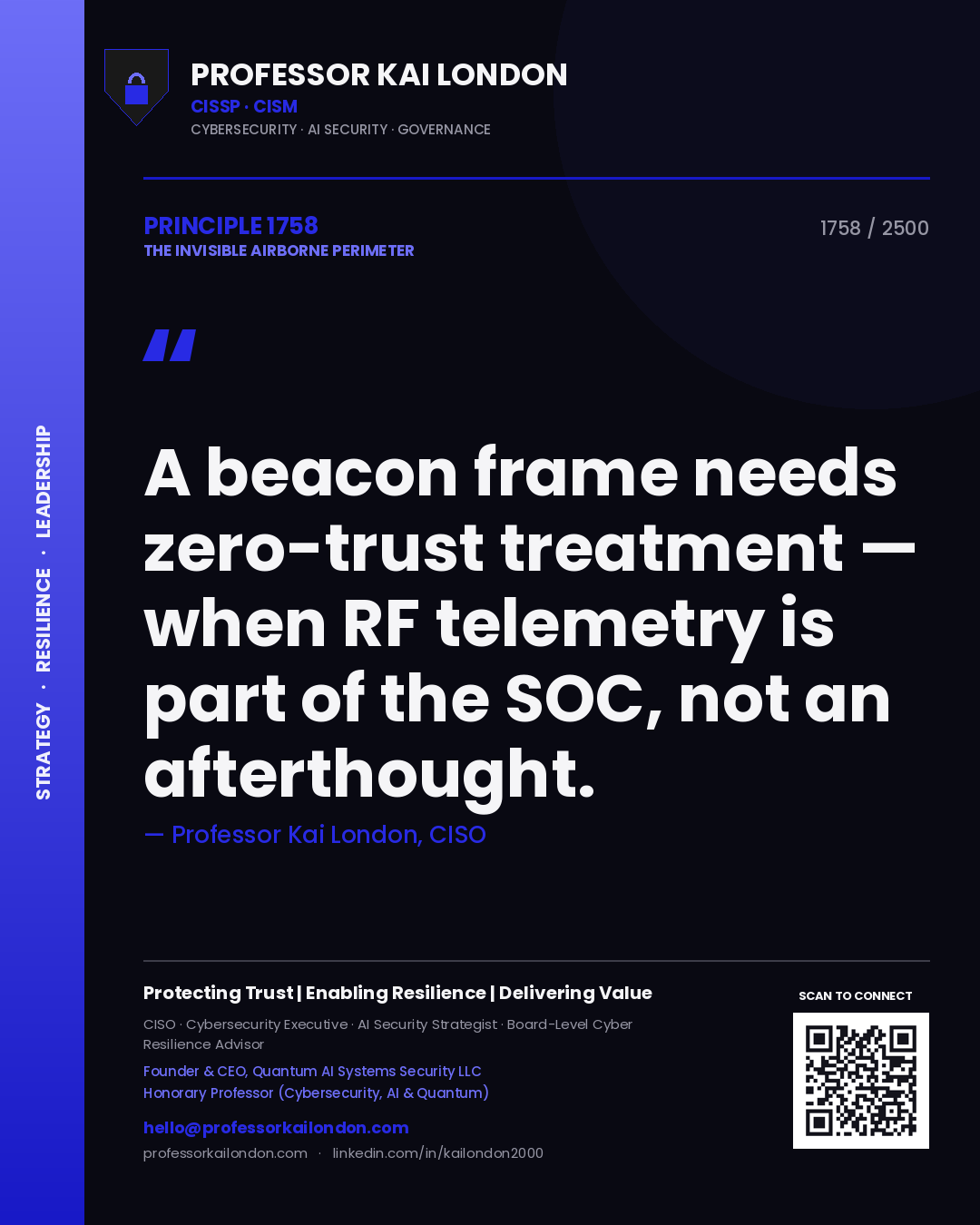 Quote card by Professor Kai London reading 'A beacon frame needs zero-trust treatment — when RF telemetry is part of the SOC, not an afterthought.'. From the book The Invisible Airborne Perimeter.