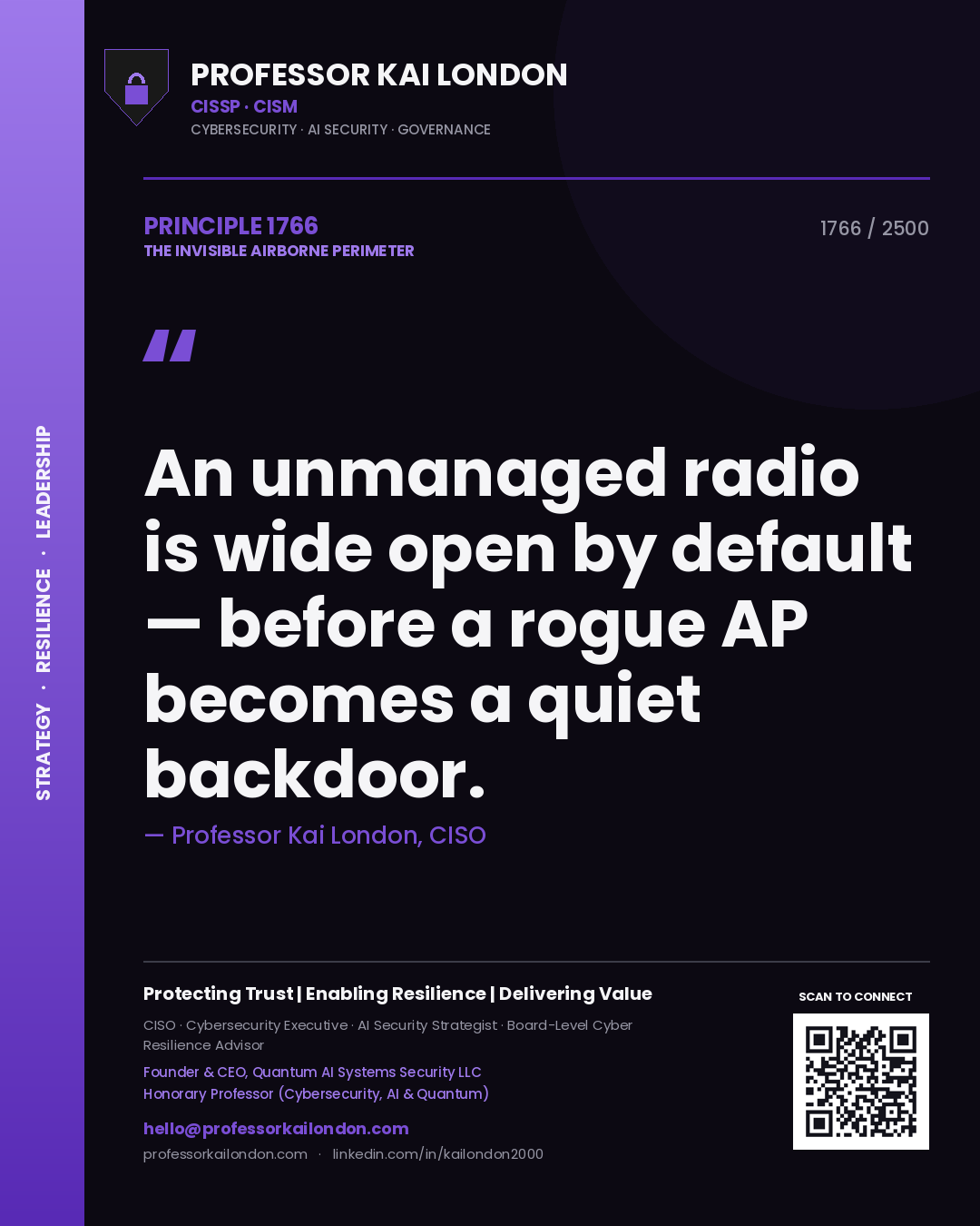 Professor Kai London principle 1766: An unmanaged radio is wide open by default — before a rogue AP becomes a quiet backdoor.