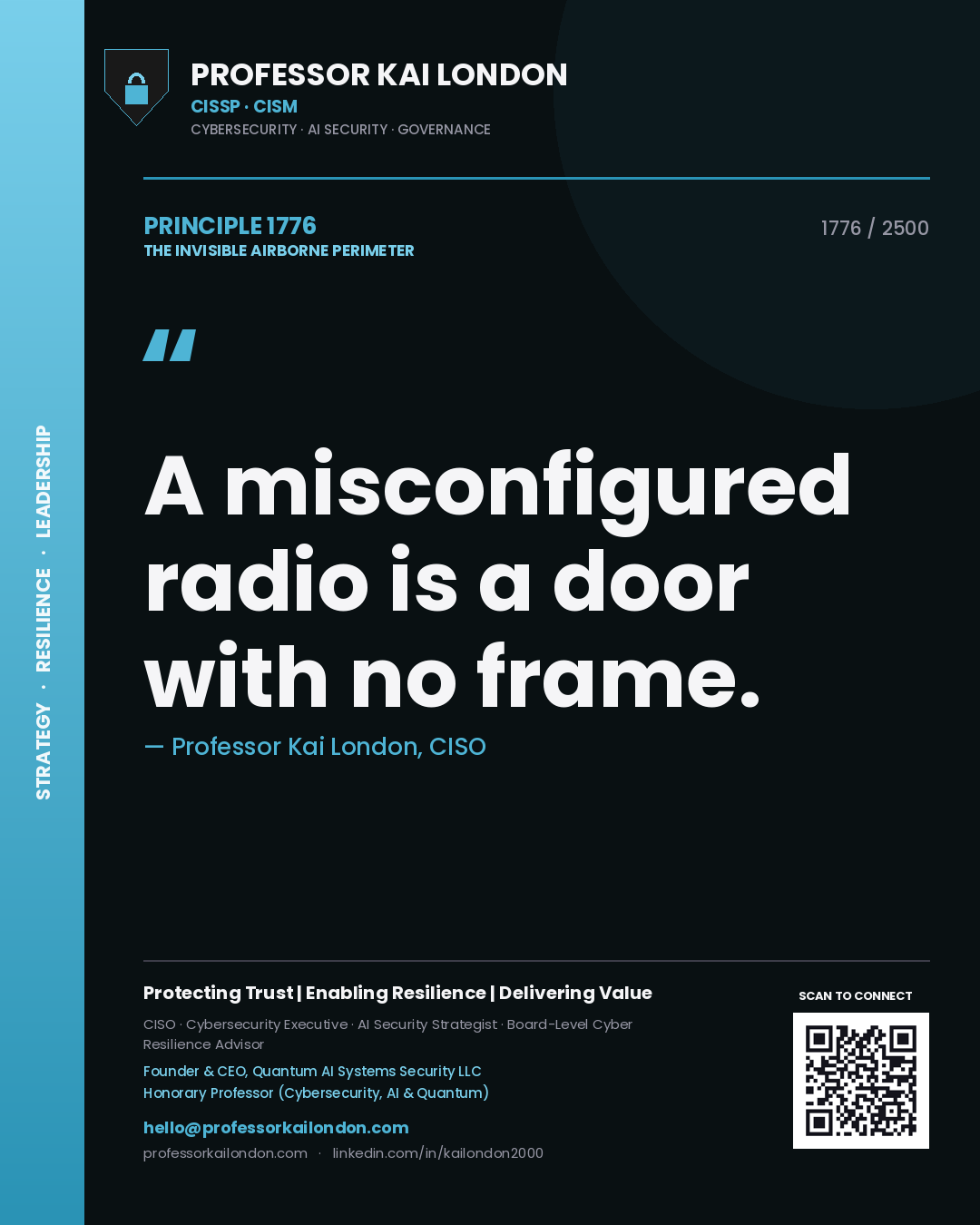 Quote card by Professor Kai London reading 'A misconfigured radio is a door with no frame.'. From the book The Invisible Airborne Perimeter.