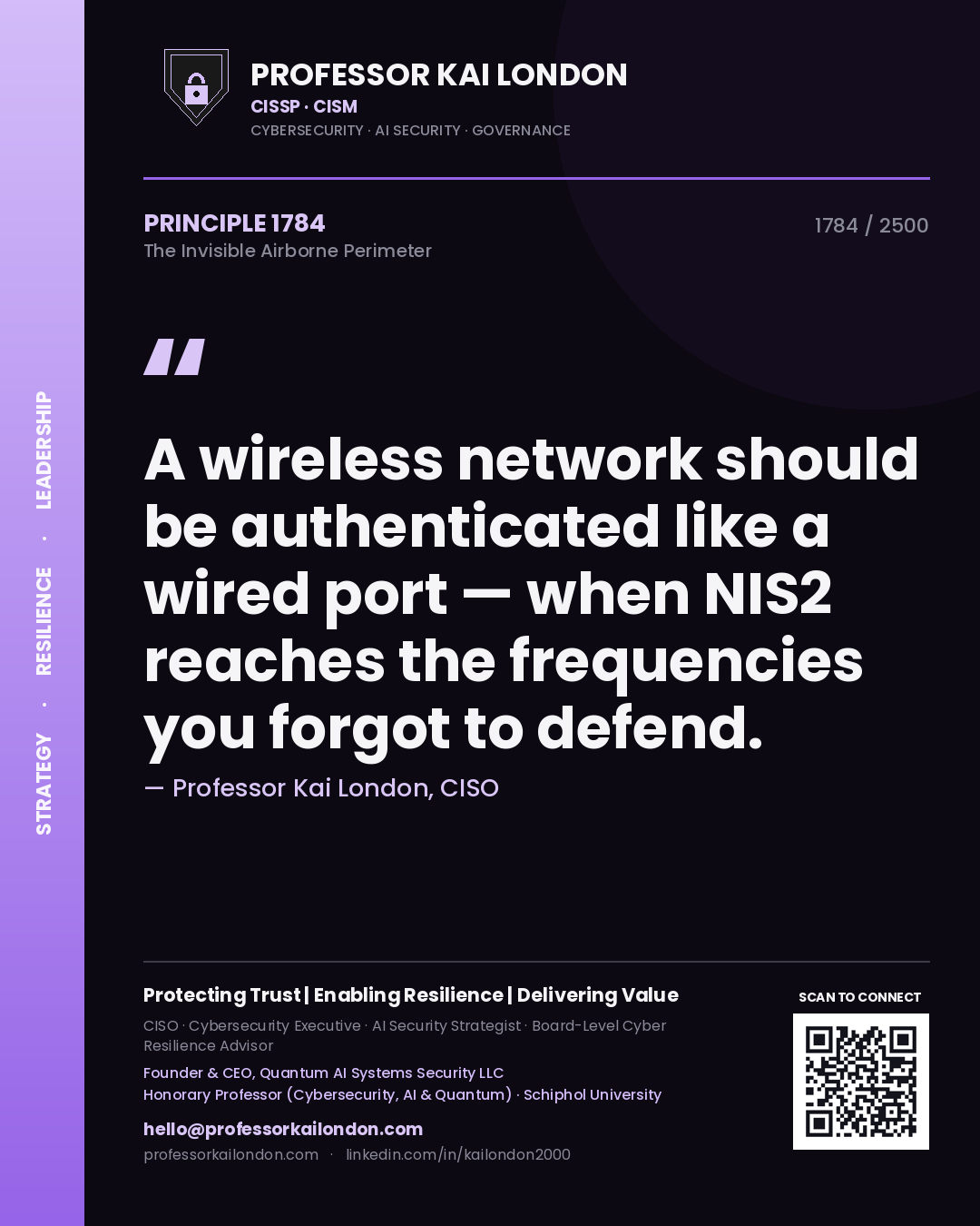 Professor Kai London principle 1784: A wireless network should be authenticated like a wired port — when NIS2 reaches the frequencies you forgot to defend.