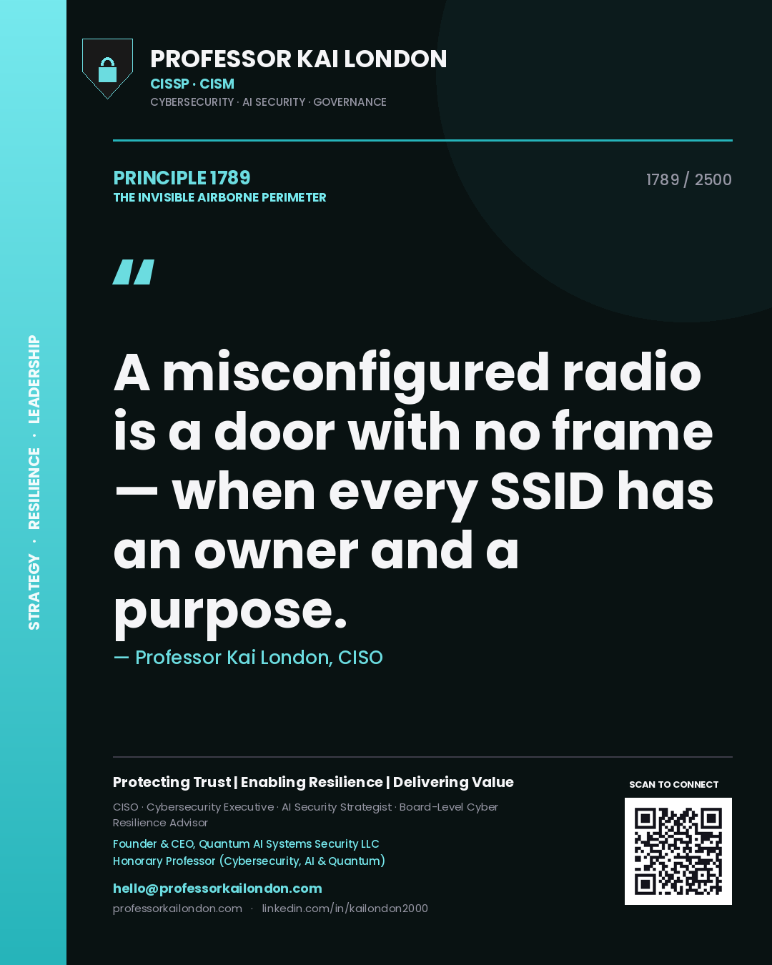 Professor Kai London principle 1789: A misconfigured radio is a door with no frame — when every SSID has an owner and a purpose.