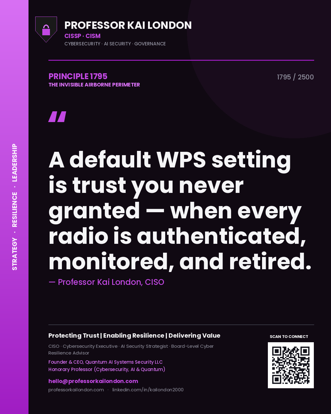 Professor Kai London principle 1795: A default WPS setting is trust you never granted — when every radio is authenticated, monitored, and retired.