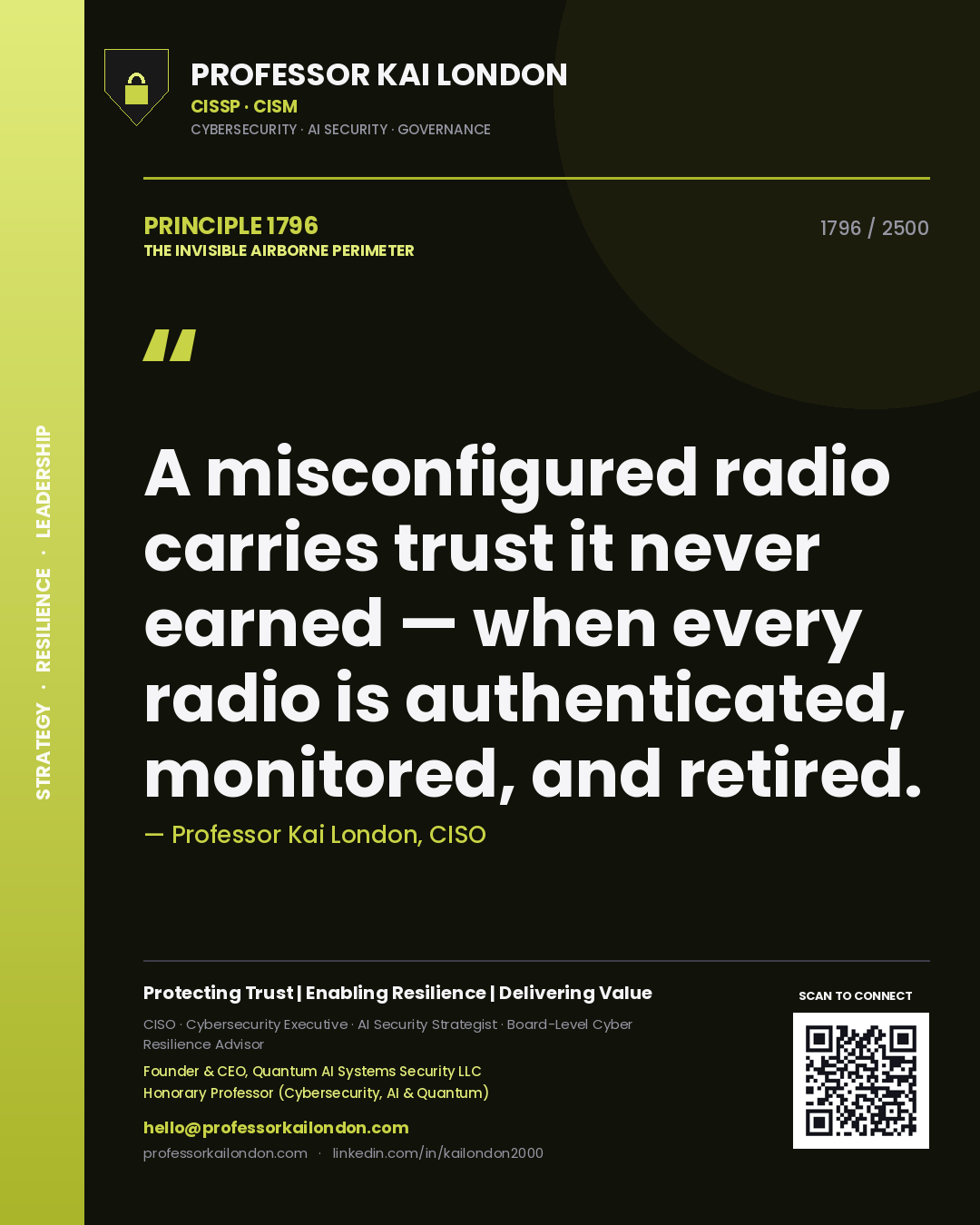 Professor Kai London principle 1796: A misconfigured radio carries trust it never earned — when every radio is authenticated, monitored, and retired.