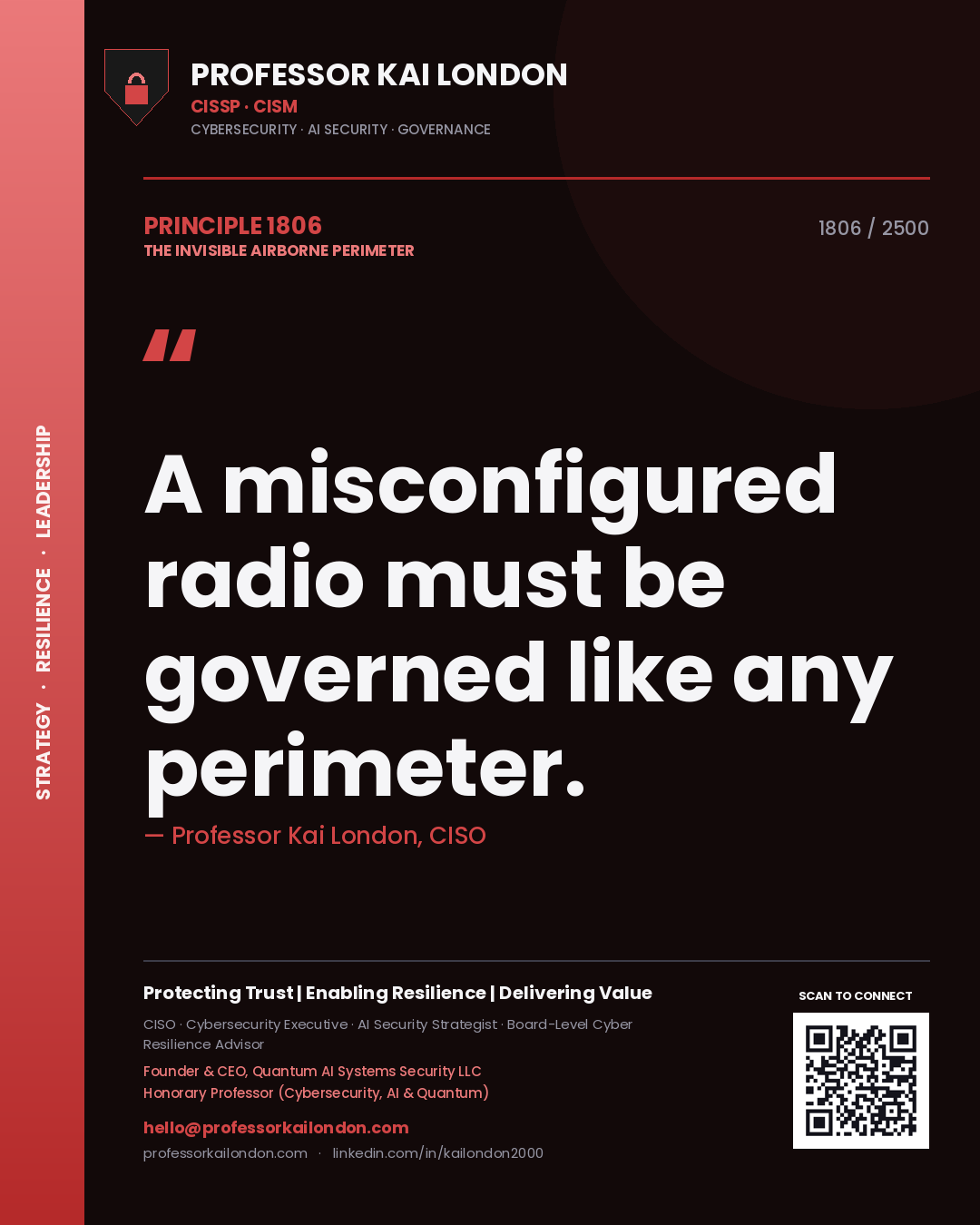 Quote card by Professor Kai London reading 'A misconfigured radio must be governed like any perimeter.'. From the book The Invisible Airborne Perimeter.