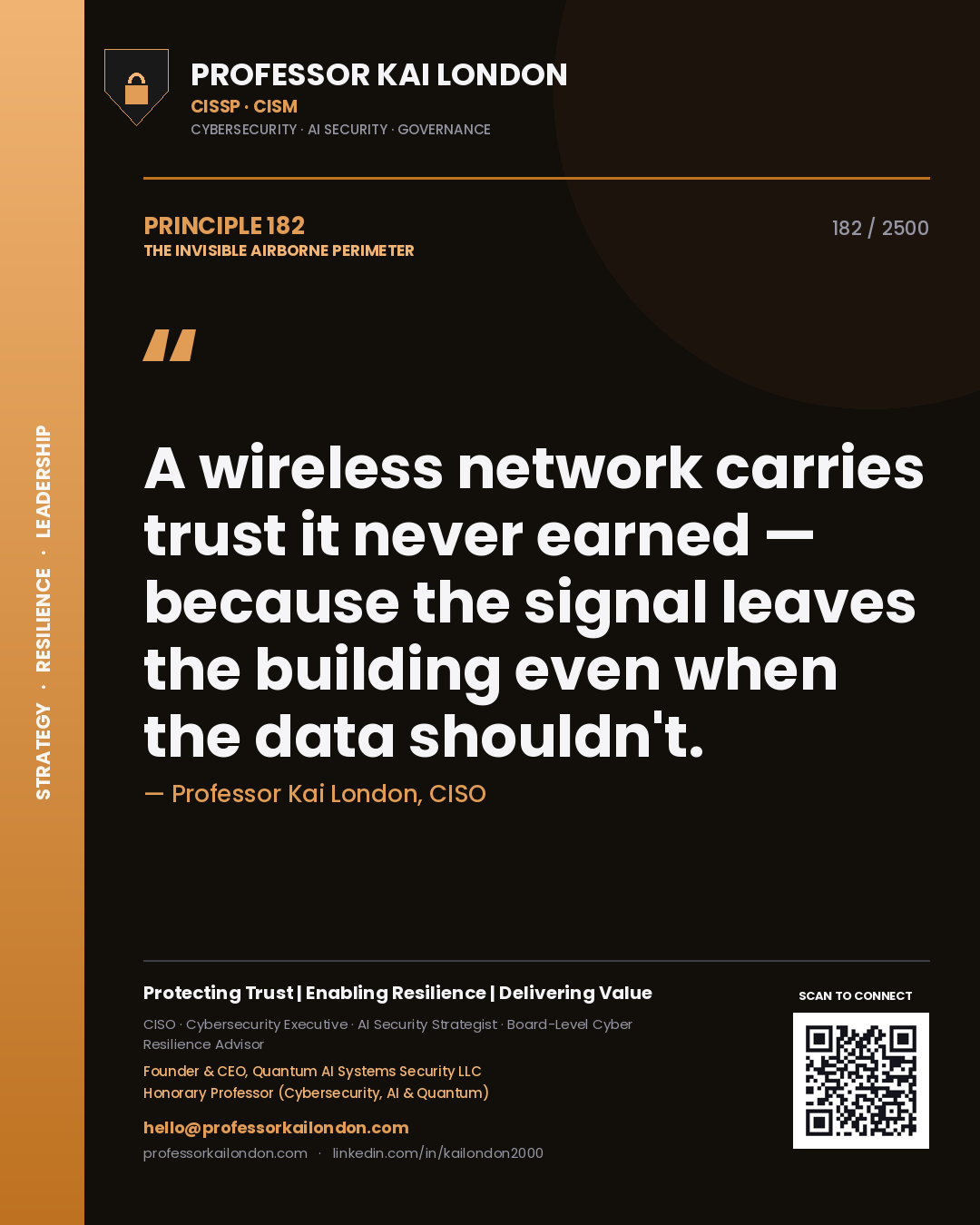 Professor Kai London principle 182: A wireless network carries trust it never earned — because the signal leaves the building even when the data shouldn't.