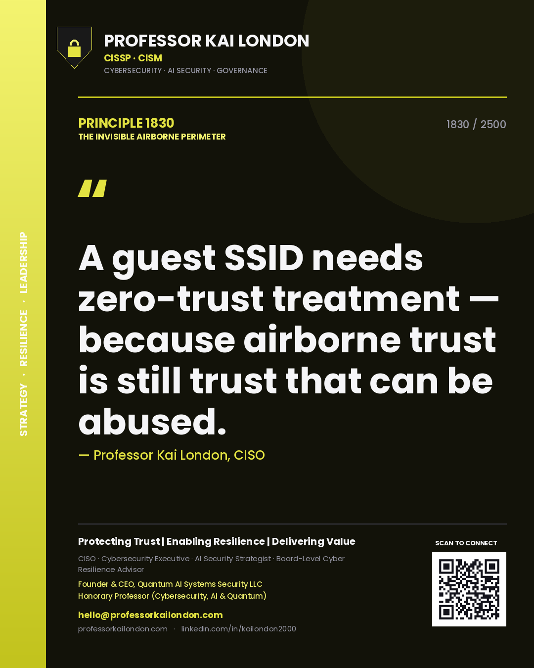 Quote card by Professor Kai London reading 'A guest SSID needs zero-trust treatment — because airborne trust is still trust that can be abused.'. From the book The Invisible Airborne Perimeter.