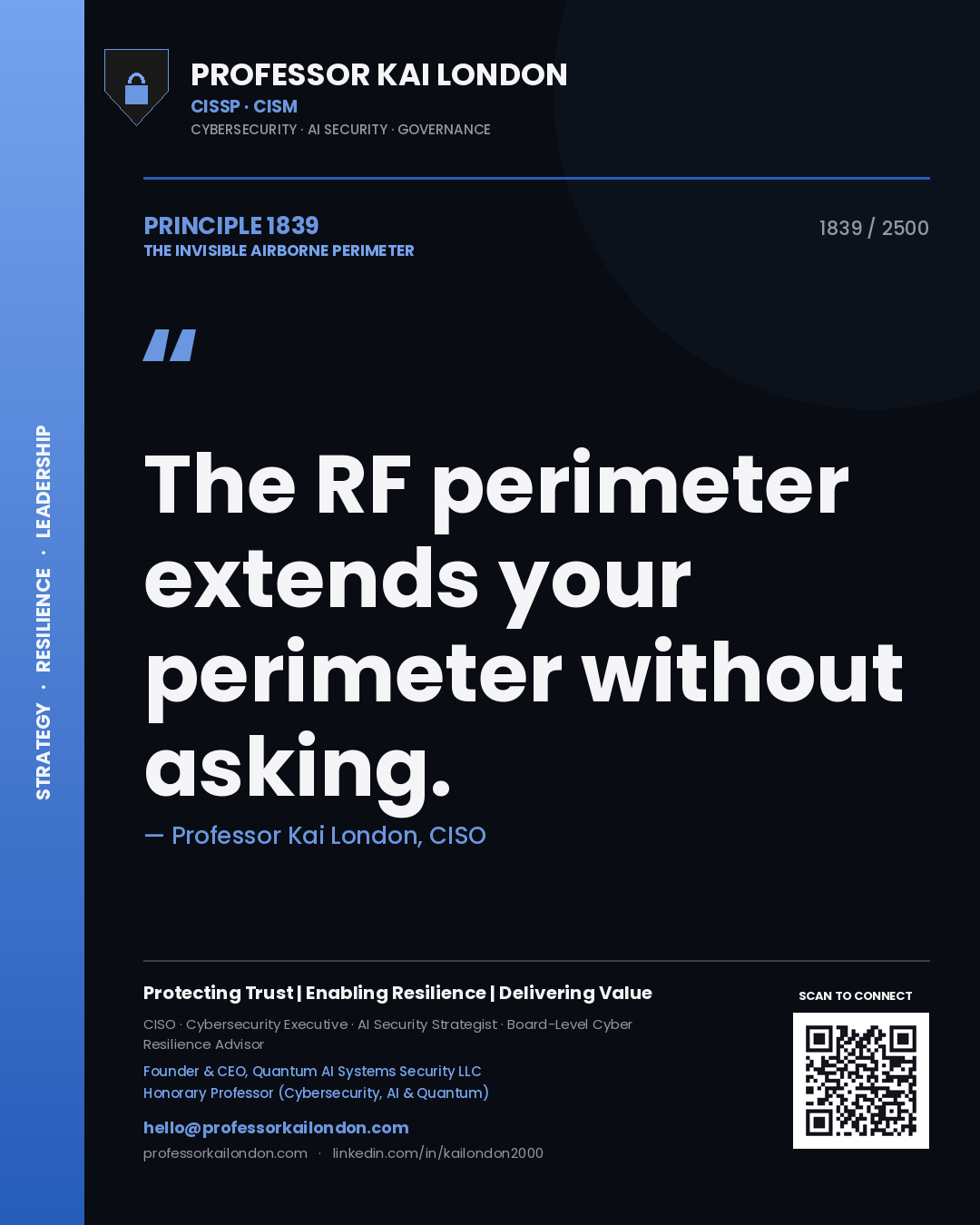 Quote card by Professor Kai London reading 'The RF perimeter extends your perimeter without asking.'. From the book The Invisible Airborne Perimeter.