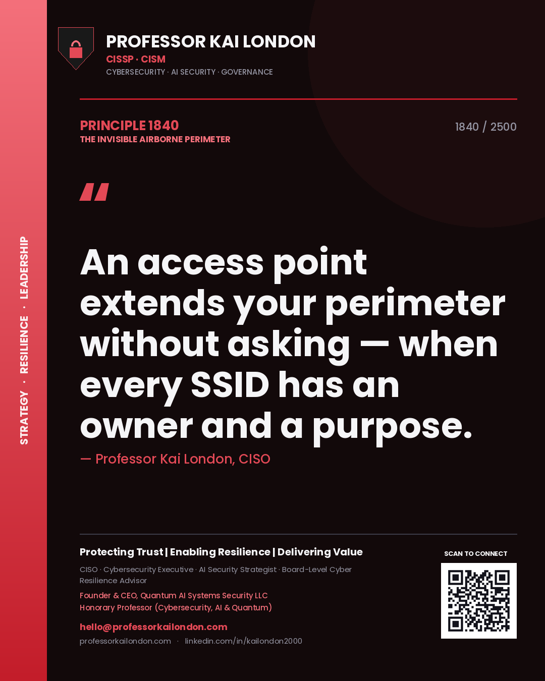 Professor Kai London principle 1840: An access point extends your perimeter without asking — when every SSID has an owner and a purpose.