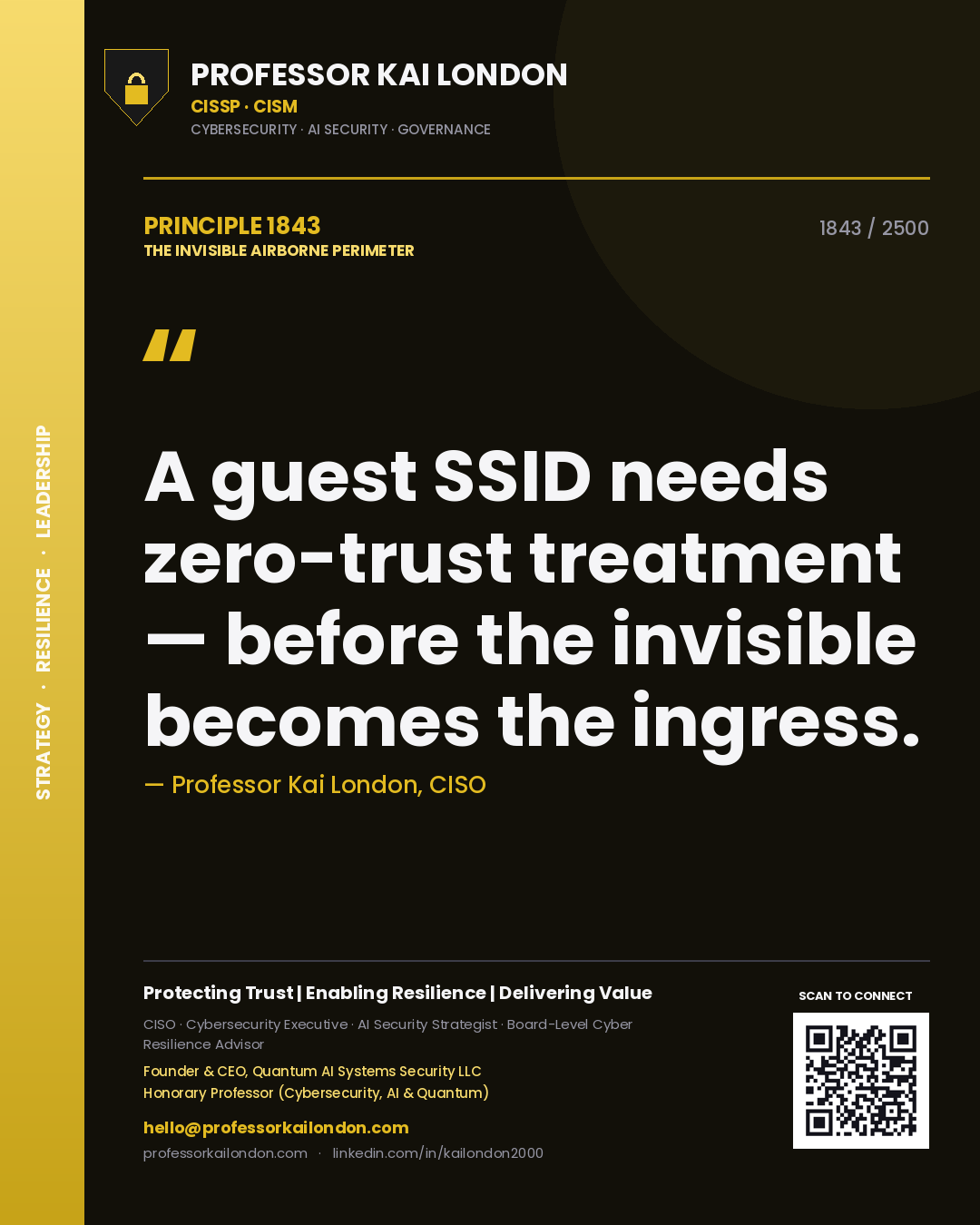 Quote card by Professor Kai London reading 'A guest SSID needs zero-trust treatment — before the invisible becomes the ingress.'. From the book The Invisible Airborne Perimeter.