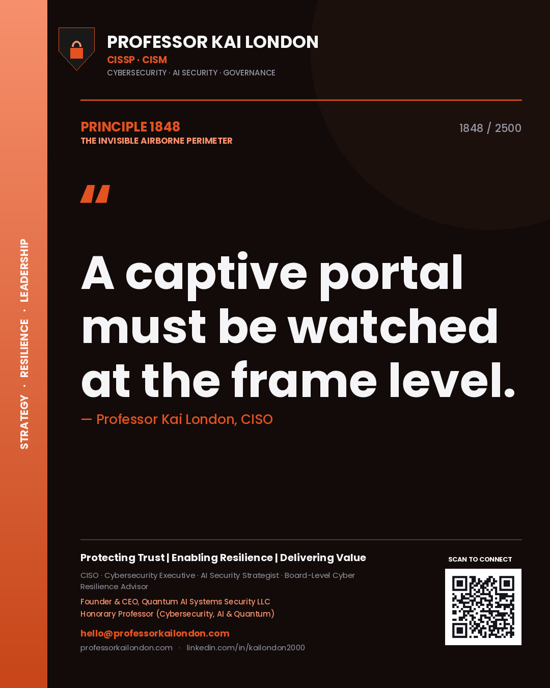 Quote card by Professor Kai London reading 'A captive portal must be watched at the frame level.'. From the book The Invisible Airborne Perimeter.